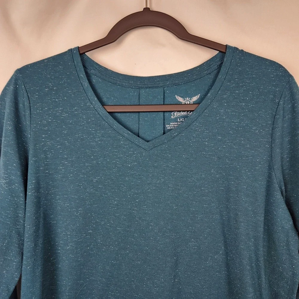 Faded Glory Women Long Sleeve T-shirt Large (12-14) Teal Rain Shimmer VNeck - Picture 3 of 7